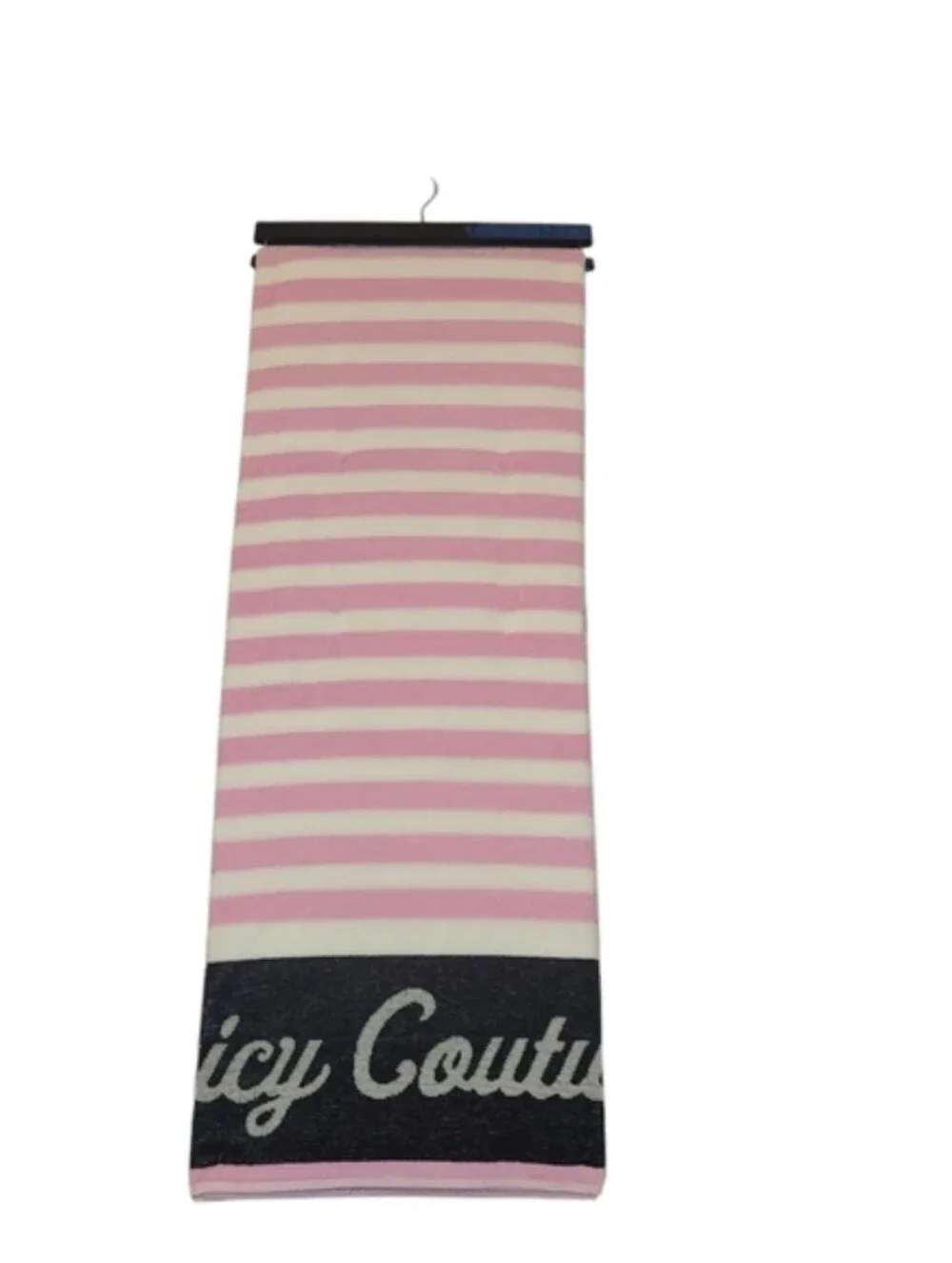 Juicy Couture Pink and White Striped Logo Beach Towel with Black Logo Band